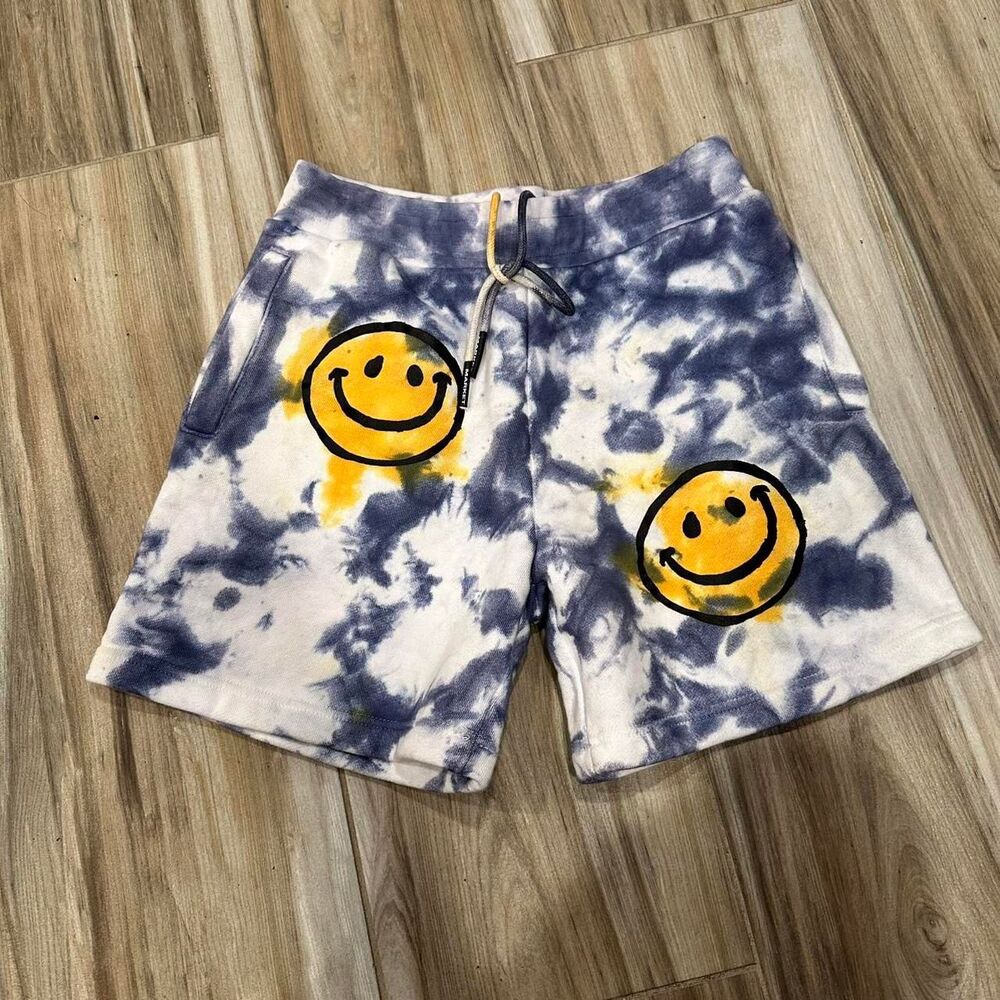 chinatown market blue tie dye smiley face sweatshorts